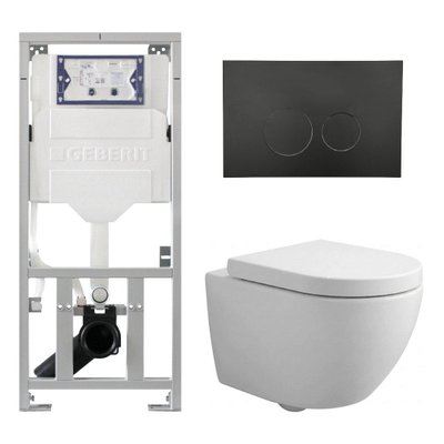 Pack WC QeramiQ Dely Swirl Compact - réservoir encastrable Geberit UP320 - avec bâti-support Burda - abattant 25 mm - plaque de commande en métal noir mat - boutons ronds - blanc mat
