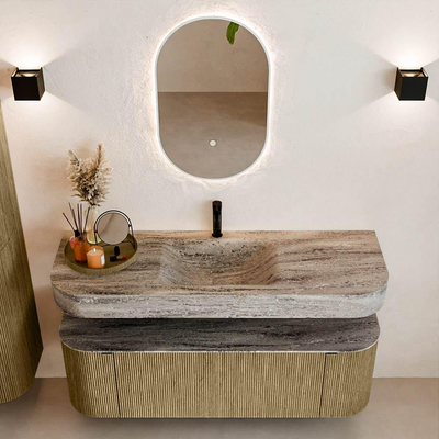 MONDIAZ THOR-DLUX Meuble de salle de bains 140cm arrondi gauche + droite couleur Dusk avec 1 tiroir et 2 portes. Vasque suspendue CLOUD Milieu 1 trou de robinet couleur Oza.