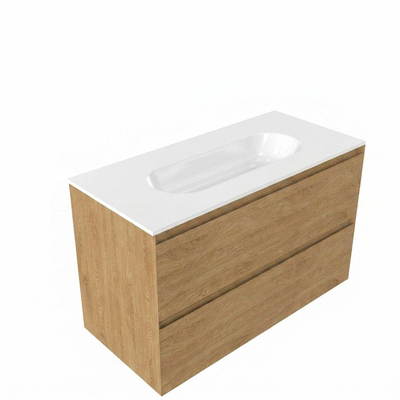 Saniclass Holz Pure Ensemble de meubles de salle de bains - 100x45x73.9cm - lavabo en céramique Chaci blanc - 1 vasque - 1 trou de robinetterie - 2 tiroirs - chêne natural mat (bois)
