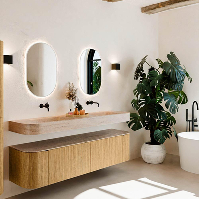 MONDIAZ THOR-DLUX 180cm meuble de salle de bains arrondi gauche + droite couleur Oak avec 2 tiroirs et 2 portes. Vasque suspendue CLOUD Double sans trou de robinet couleur Saba.