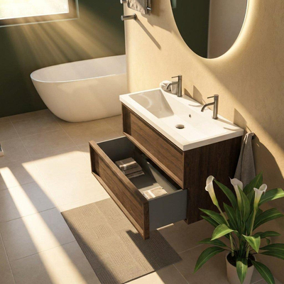 Saniclass Holz Frame Ensemble meuble de salle de bains - 100x45x63.5cm - Bari lavabo en céramique blanc - 1 vasque - 2 trous de robinet - 2 tiroirs - chêne charcoal mat (bois)