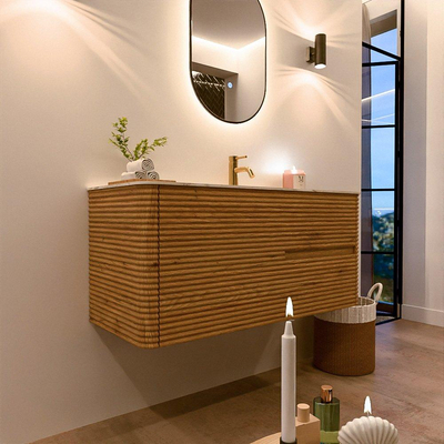 Mondiaz CIRO-DLUX Ensemble de meuble de salle de bains - 110x45x50cm - lavabo solid surface Ostra - 1 vasque à droite - 1 trou de robinet - 2 tiroirs - Chêne