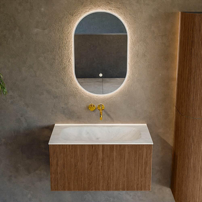 MONDIAZ KURVE-DLUX 80cm Meuble salle de bain - couleur Walnut - 1 tiroir - vasque BIG SMALL centre - sans trou de robinet - couleur Opalo