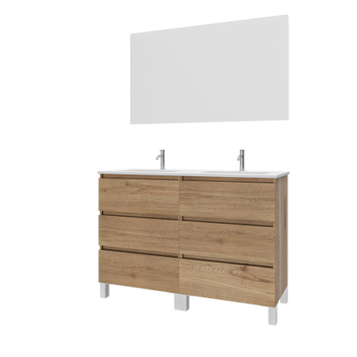 Adema Chaci PLUS Badkamermeubelset - 120x86x46cm - 2 ovale keramische wasbakken wit - 2 kraangaten - 6 lades - rechthoekige spiegel - eiken