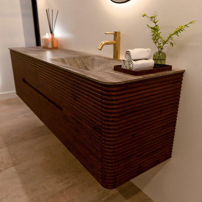 Mondiaz CIRO-DLUX Badkamermeubelset - 180x45x50cm - Solid surface wastafel Oza - 1 wasbak Rechts - 1 kraangat - 4 lades - Ruby