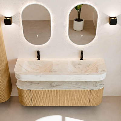 MONDIAZ THOR-DLUX 150cm badmeubel ronding links + rechts kleur Oak met 1 lade en 2 deuren. Vrijhangende wastafel CLOUD Dubbel 2 kraangaten kleur Ostra.