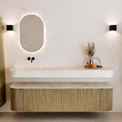 MONDIAZ THOR-DLUX Meuble de salle de bains 180cm arrondi gauche + droite couleur Dusk avec 2 tiroirs et 2 portes. Vasque suspendue CLOUD Gauche sans trou de robinet couleur Ostra.