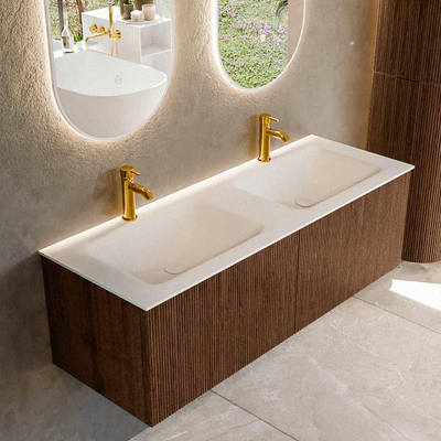 MONDIAZ KURVE 130cm badmeubel kleur Walnut met 2 lades. Wastafel CLOUD dubbel 2 kraangaten Talc.