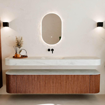 MONDIAZ THOR-DLUX 200cm meuble de salle de bains arrondi gauche + droite couleur Ruby avec 2 tiroirs et 2 portes. Vasque suspendue CLOUD Milieu sans trou de robinet couleur Opalo.