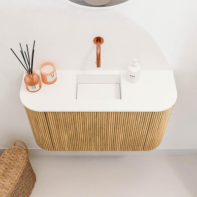 Mondiaz JOYA 73.2cm toiletmeubel - ronding links en rechts kleur Oak - Wastafel FAYE positie Midden Zonder kraangat kleur Talc.