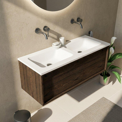 Saniclass Holz Frame Ensemble meuble de salle de bains - 120x45x57.5cm - vasque Torino en solid surface blanc - sans trou de robinetterie - 1 tiroir - chêne charcoal mat (bois)