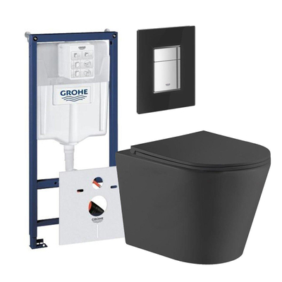 QeramiQ Dely Pack WC - réservoir encastré Grohe - plaque de déclenchement en verre noir - WC - abattant - noir mat