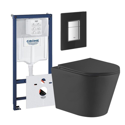 QeramiQ Dely toiletset met Grohe inbouwreservoir, zwart glazen bedieningsplaat en toilet met zitting mat zwart