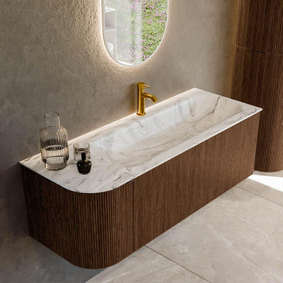 MONDIAZ KURVE-DLUX 125cm badmeubel met module 25 L kleur Walnut met 1 lade en 1 deur. Wastafel BIG MEDIUM rechts 1 kraangat kleur Glace.