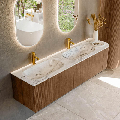 MONDIAZ KURVE-DLUX 175cm Meuble salle de bain avec module 25 D - couleur Walnut - 2 tiroirs - 1 porte - vasque STOR SMALL double / gauche - 2 trous de robinet - couleur Glace