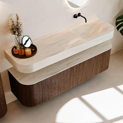 MONDIAZ THOR-DLUX 160cm meuble de salle de bains arrondi gauche + droite couleur Walnut avec 1 tiroir et 2 portes. Vasque suspendue CLOUD Droite sans trou de robinet couleur Meli.