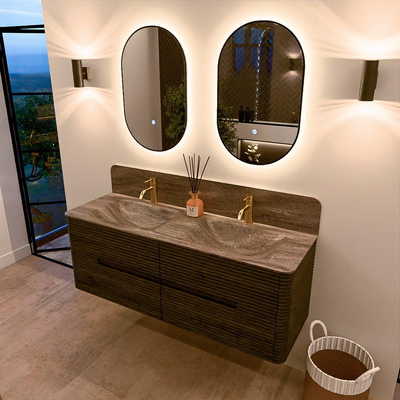 Mondiaz CIRO-DLUX Ensemble de meubles de salle de bains - 140x45x50cm - Plan vasque en solid surface Oza - 2 vasques Double - 2 trous de robinet - 4 tiroirs - Shadow