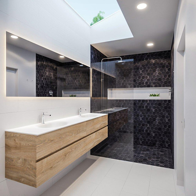 MONDIAZ VICA Ensemble meuble de salle de bains - 200cm- meuble bas chêne lavé - 4 tiroirs - lavabo Moon double - 2 trous de robinet version XL 60cm de haut