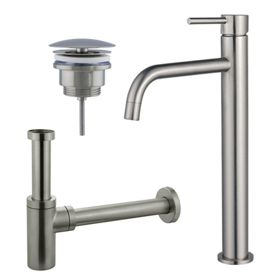Fortifura Calvi Slim wastafelkraanset - opbouw - hoog - met open waste - PVD - geborsteld rvs