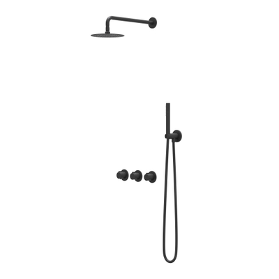 IVY Pact Ensemble de douche pluie - encastré - symmetry - 2 robinets d'arrêt - bras de plafond 15 cm - douche de tête slim 25 cm - barre de douche avec sortie - flexible de douche 150 cm - douchette à main modèle barre - Noir mat PED