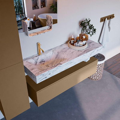 Mondiaz ALAN-DLUX Ensemble de meuble - 130cm - meuble Oro mat - 1 tiroir - Lavabo Cloud Glace suspendu - vasque Gauche - 1 trou de robinet