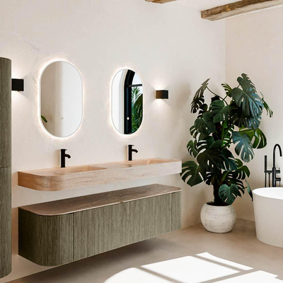 MONDIAZ THOR-DLUX Meuble de salle de bains - 170cm - arrondi gauche + droite - couleur Shadow - 1 tiroir - 2 portes - Vasque suspendue CLOUD Double 2 trous de robinet - couleur Saba