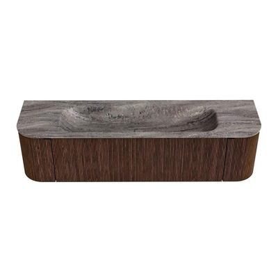 MONDIAZ KURVE-DLUX 170cm badmeubel ronding Links + Rechts kleur Walnut met 1 lade en 2 deuren. Wastafel BIG LARGE Midden 2 kraangaten Oza.