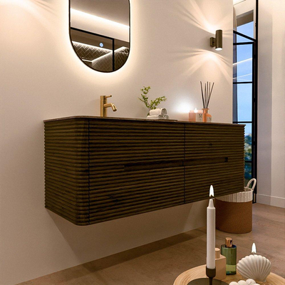 Mondiaz CIRO-DLUX Ensemble de meubles de salle de bains - 140x45x50cm - Plan vasque solid surface Oza - 1 lavabo à gauche - 1 trou de robinetterie - 4 tiroirs - Shadow