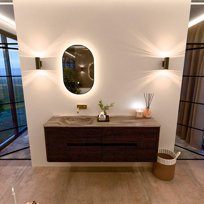 Mondiaz CIRO-DLUX Badkamermeubelset - 150x45x50cm - Solid surface wastafel Oza - 1 wasbak Links - zonder kraangaten - 4 lades - Walnut
