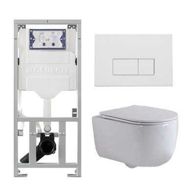 QeramiQ Dely Swirl Ensemble WC - 36,3x51,7 cm - fond creux - sans bride - réservoir encastré Geberit UP320 - abattant fin - plaque de commande en métal blanc mat - boutons rectangulaires - blanc mat