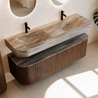 MONDIAZ THOR-DLUX 150cm meuble de salle de bains arrondi gauche + droite couleur Walnut avec 1 tiroir et 2 portes. Vasque suspendue CLOUD Double 2 trous de robinet couleur Oza.