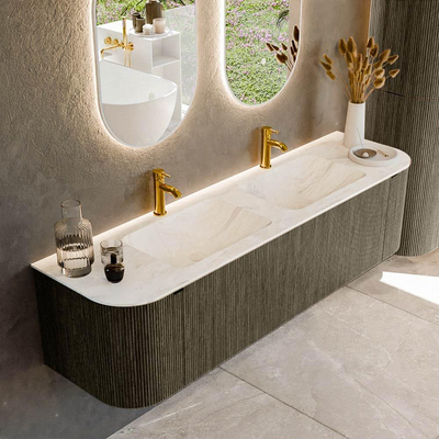 Mondiaz KURVE-DLUX Badkamermeubelset - 170x46x40cm - 1 lade - 2 deuren - wastafel solid surface - dubbel - 2 kraangaten - Shadow