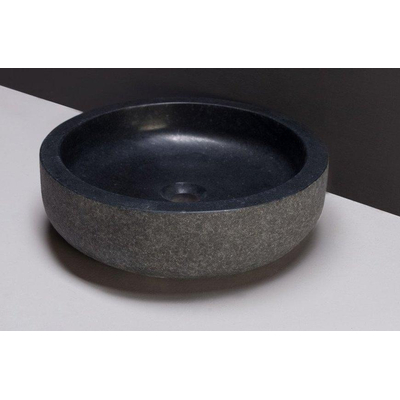 Forzalaqua Reno 2.0 meuble sous-lavabo 140x51x40cm avec 2 tiroirs softclose sans poignées Chêne massif Charcoal plan vasque 3cm 2 vasques 40cm rond Pierre naturelle Granit adouci