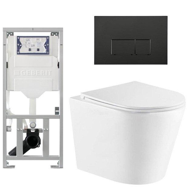 QeramiQ Dely Toiletset - 36.3x51.7cm - diepspoel - rimless - Geberit UP320 inbouwreservoir - met Burda frame - softclose toiletzitting - mat zwarte bedieningsplaat - rechtehoekige knoppen - wit glans