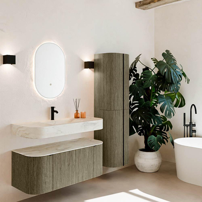 MONDIAZ THOR-DLUX Meuble de salle de bains 110cm arrondi gauche + droite couleur Shadow avec 1 tiroir et 2 portes. Vasque suspendue CLOUD Milieu 1 trou de robinet couleur Ostra.