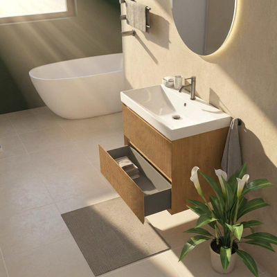 Saniclass Holz Atelier Ensemble de meuble de salle de bains - 80x45x67.5cm - lavabo Wave en céramique - 1 vasque - 1 trou de robinetterie - 2 tiroirs - chêne natural mat (bois)