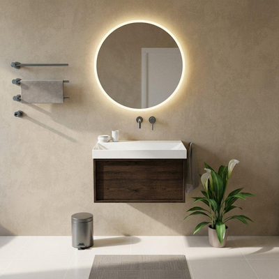 Saniclass Holz Frame Ensemble meuble de salle de bains - 80x45x47.5cm - lavabo Wave en céramique - 1 vasque - sans trou de robinet - 1 tiroir - chêne charcoal mat (bois)