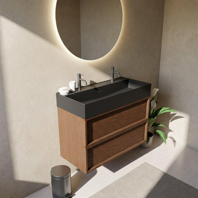 Saniclass Holz Frame Ensemble meuble de salle de bains - 100x45x72cm - Legend lavabo en céramique noir mat - 1 vasque - 2 trous de robinetterie - 2 tiroirs - walnut pure mat (bois)