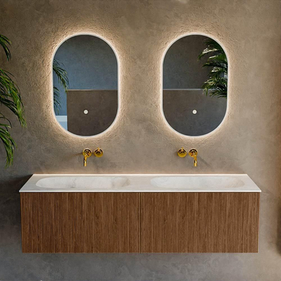 MONDIAZ KURVE-DLUX 150cm Meuble salle de bain - couleur Walnut - 2 tiroirs - vasque STOR SMALL double - sans trou de robinet - couleur Opalo