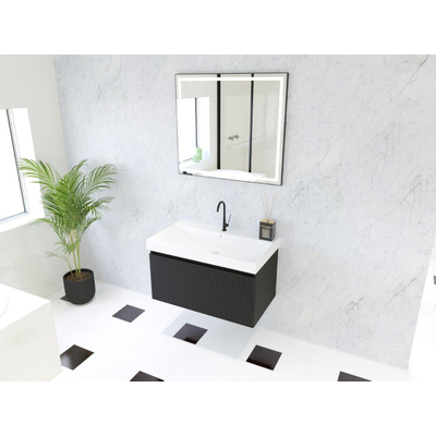 HR Matrix ensemble meuble de salle de bain 3d 80cm 1 tiroir sans poignée avec bandeau couleur noir mat avec vasque juste 1 trou pour robinet blanc