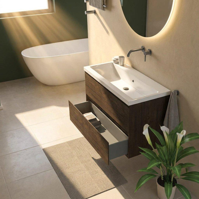 Saniclass Holz Pure Ensemble meuble de salle de bains - 100x45x63.5cm - lavabo Bari en céramique blanc - 1 vasque - sans trou de robinet - 2 tiroirs - chêne charcoal mat (bois)