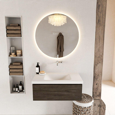 Mondiaz BUKLA Badkamermeubelset - 80x45x34cm - 0 kraangaten - wasbak midden - solid surface - Talc - greeploos - 1 lade - Melamine - Dark brown