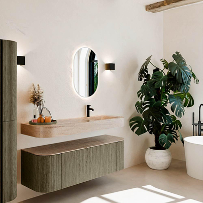 MONDIAZ THOR-DLUX 140cm meuble de salle de bains arrondi gauche + droite couleur Shadow avec 1 tiroir et 2 portes. Vasque suspendue CLOUD Droite 1 trou de robinet couleur Saba.