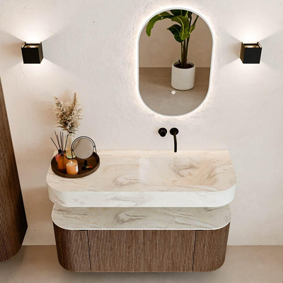 MONDIAZ THOR-DLUX 120cm meuble de salle de bains arrondi gauche + droite couleur Walnut avec 1 tiroir et 2 portes. Vasque suspendue CLOUD droite sans trou de robinet couleur Ostra.