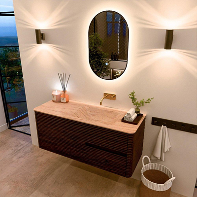 Mondiaz CIRO-DLUX Badkamermeubelset - 120x45x50cm - Solid surface wastafel Saba - 1 wasbak Rechts - zonder kraangaten - 2 lades - Walnut