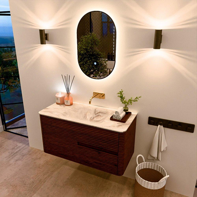 Mondiaz CIRO-DLUX Meuble de salle de bains ensemble - 100x45x50cm - lavabo solid surface Frappe - 1 vasque au milieu - sans trous de robinet - 2 tiroirs - Ruby