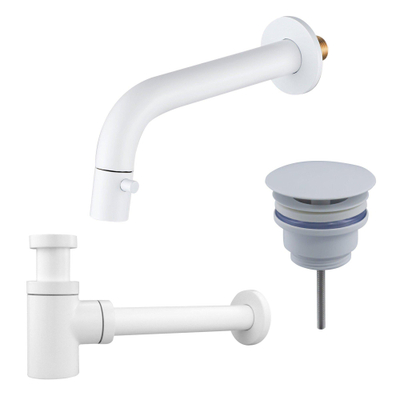 FugaFlow Eccelente Ensemble robinetterie pour fontaine - encastré - bec 18cm - raccourcissable - siphon - bouchon toujours ouvert - mat blanc