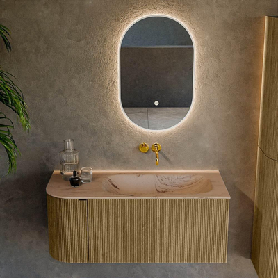 MONDIAZ KURVE-DLUX 105cm badmeubel ronding Links kleur Dusk met 1 lade en 1 deur. Wastafel BIG SMALL Rechts zonder kraangat Arena.