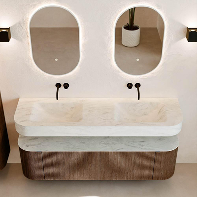 MONDIAZ THOR-DLUX 160cm badmeubel ronding links + rechts kleur Walnut met 1 lade en 2 deuren. Vrijhangende wastafel CLOUD Dubbel zonder kraangat kleur Opalo.