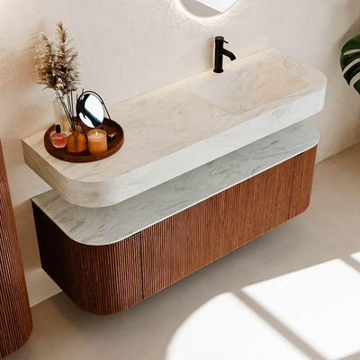 MONDIAZ THOR-DLUX 140cm meuble de salle de bains arrondi gauche + droite couleur Ruby avec 1 tiroir et 2 portes. Vasque suspendue CLOUD Droite 1 trou de robinet couleur Opalo.